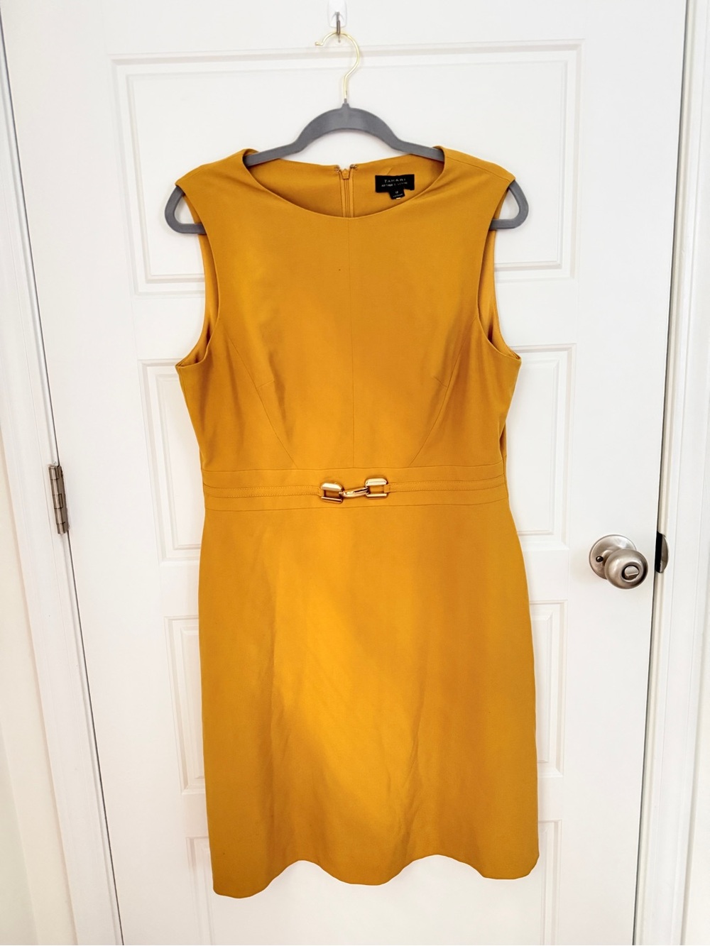 Tahari ASL Mustard Yellow Sheath Dress with Belt Accent